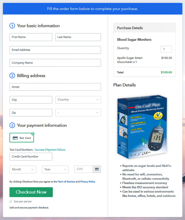 Checkout Page to Sell Blood Sugar Monitors Online