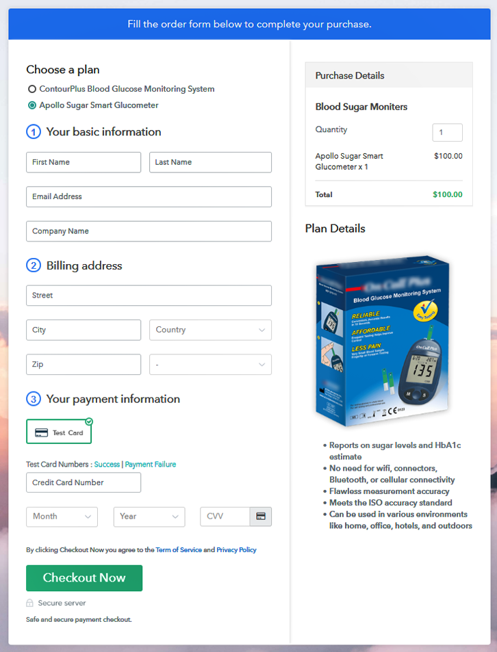 Multiplan Checkout Page to Sell Blood Sugar Monitors Online