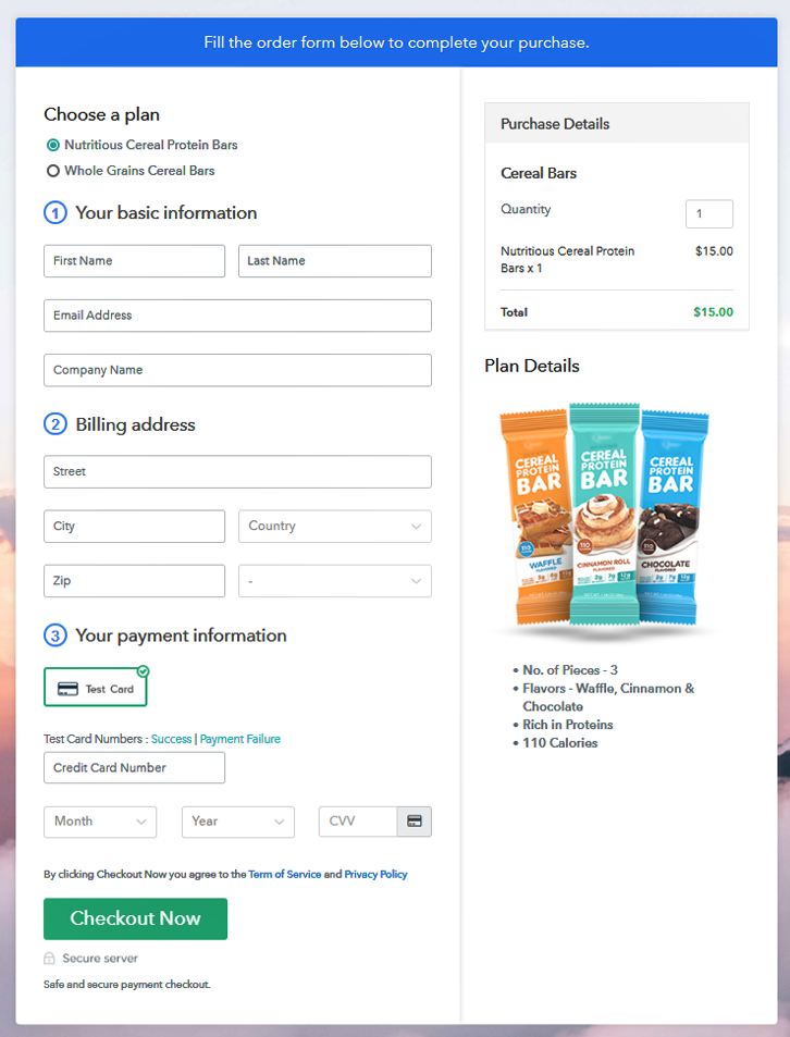Multiplan Checkout Page to Sell Cereal Bars Online