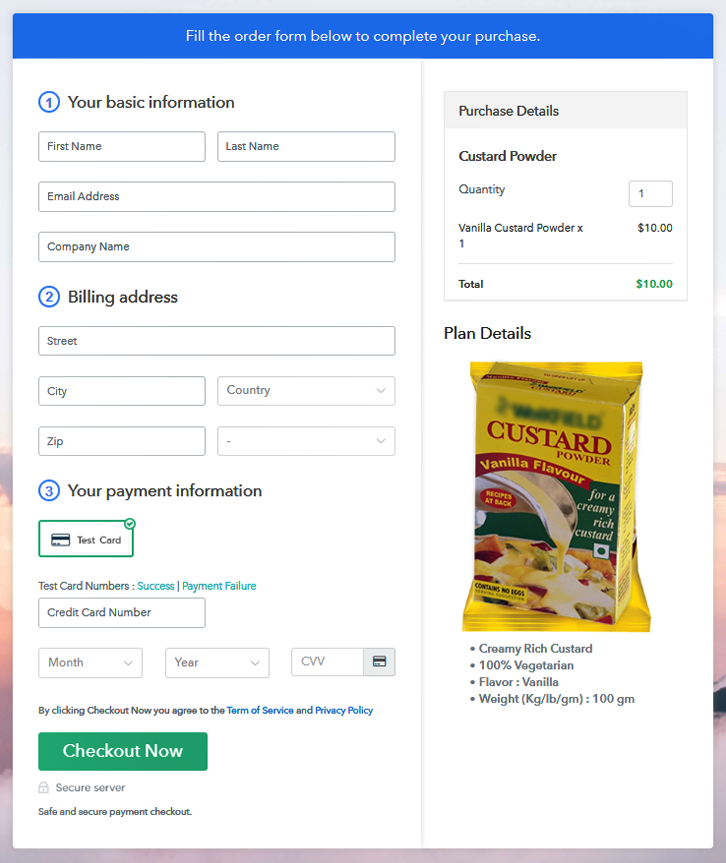 Checkout Page to Sell Custard Powder Online