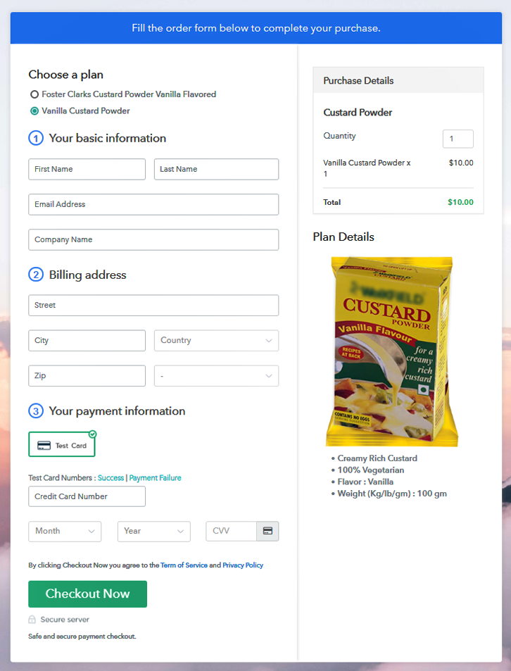 Multiplan Checkout Page to Sell Custard Powder Online