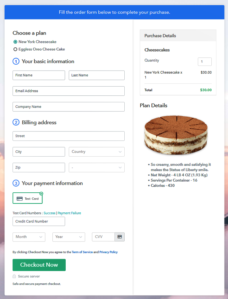 Multiplan Checkout Page to Cheesecakes Online