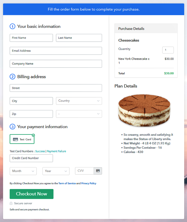 Checkout Page to Sell Cheesecakes Online