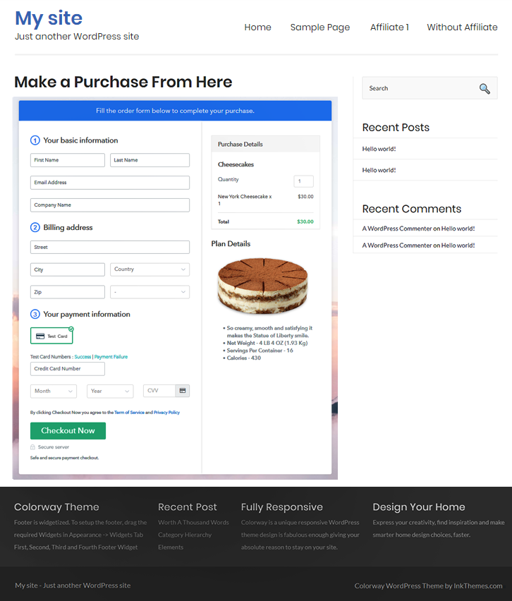 Final Look of your Checkout Page to Sell Cheesecakes Online