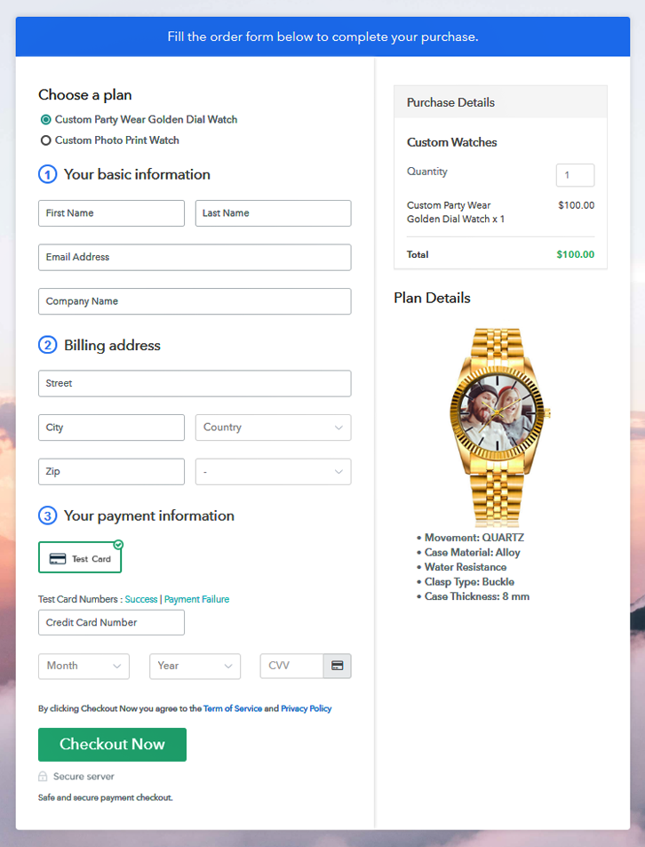 Multiplan Checkout Page to Sell Custom Watches Online
