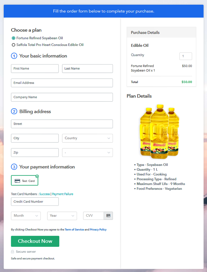 Multiplan Checkout Page to Sell Edible Oil Online