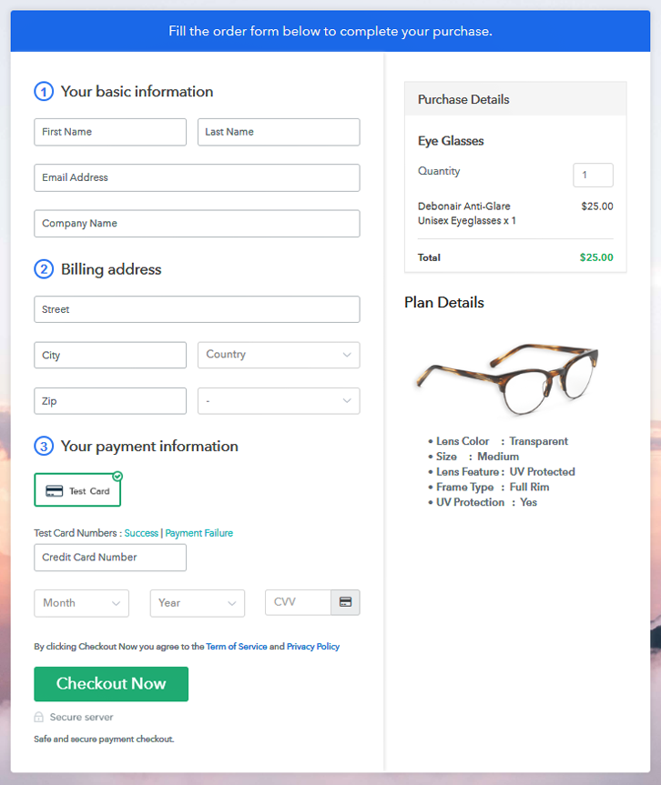 Final View of Checkout Page for your Eye Glasses Selling Business