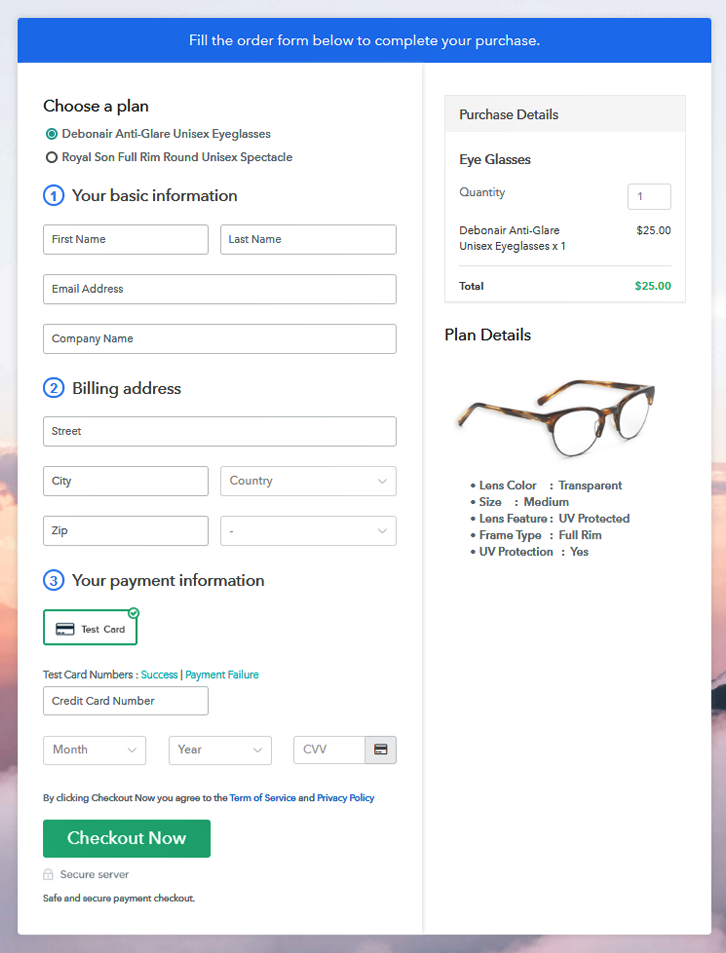 Multiplan Checkout Page to Start Eye Glasses Business Online