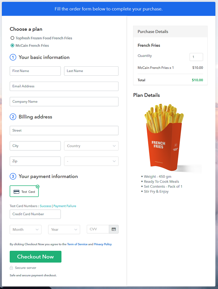 Multiplan Checkout Page to Sell French Fries Online