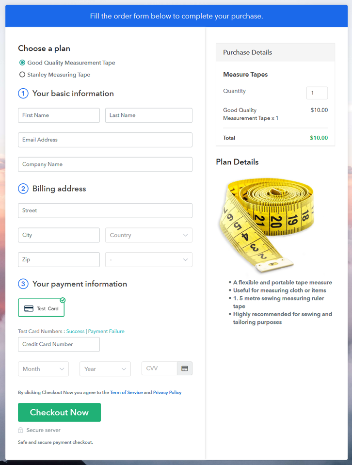 Multiplan Checkout Page to Sell Measure Tapes Online