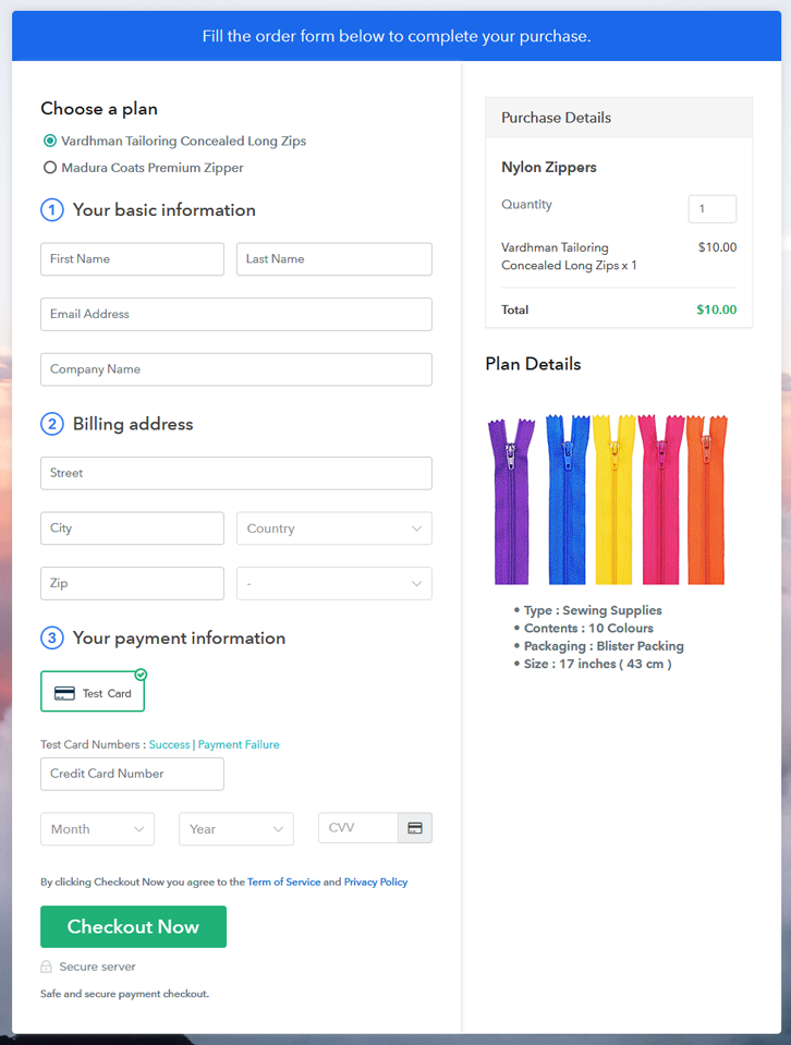 Multiplan Checkout Page to Sell Nylon Zippers Online