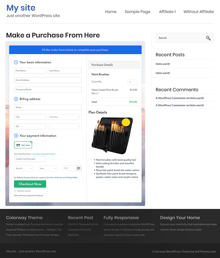 Final Look of your Checkout Page to Sell Paint Brushes Online on WordPress Site
