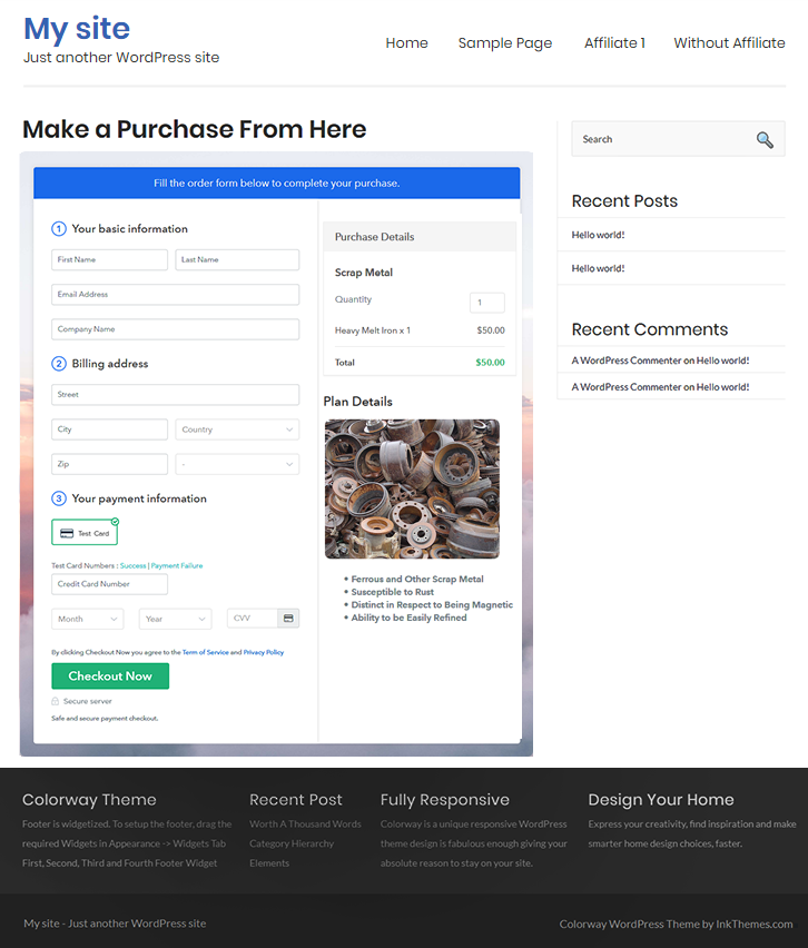 Final Look of your Checkout Page on WordPress Site to Start Scrap Metal Business Online