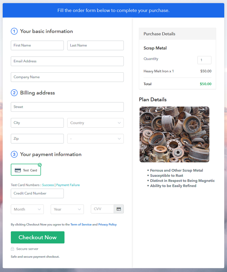 Final View of Checkout Page for your Scrap Metal Selling Business