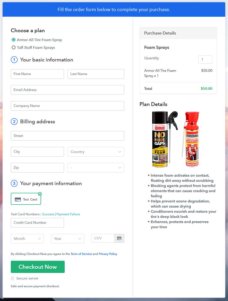 Multiplan Checkout Page to Sell How to Sell Foam Sprays Online