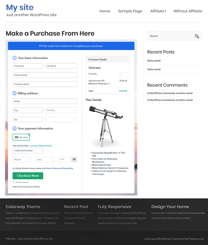 Final Look of your Checkout Page on WordPress Site to Sell Telescopes Online