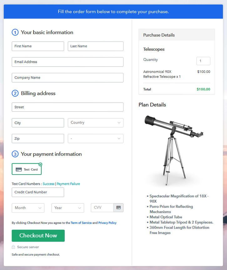 Final View of Checkout Page for your Telescopes Selling Business