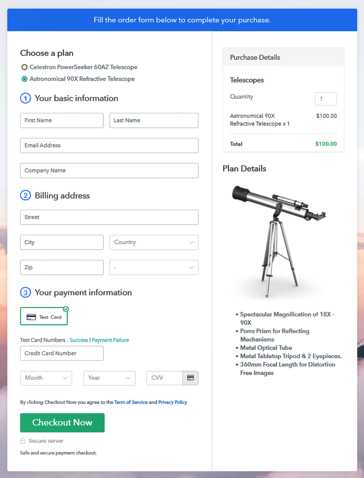 Multiplan Checkout Page to Sell How to Sell Telescopes Online