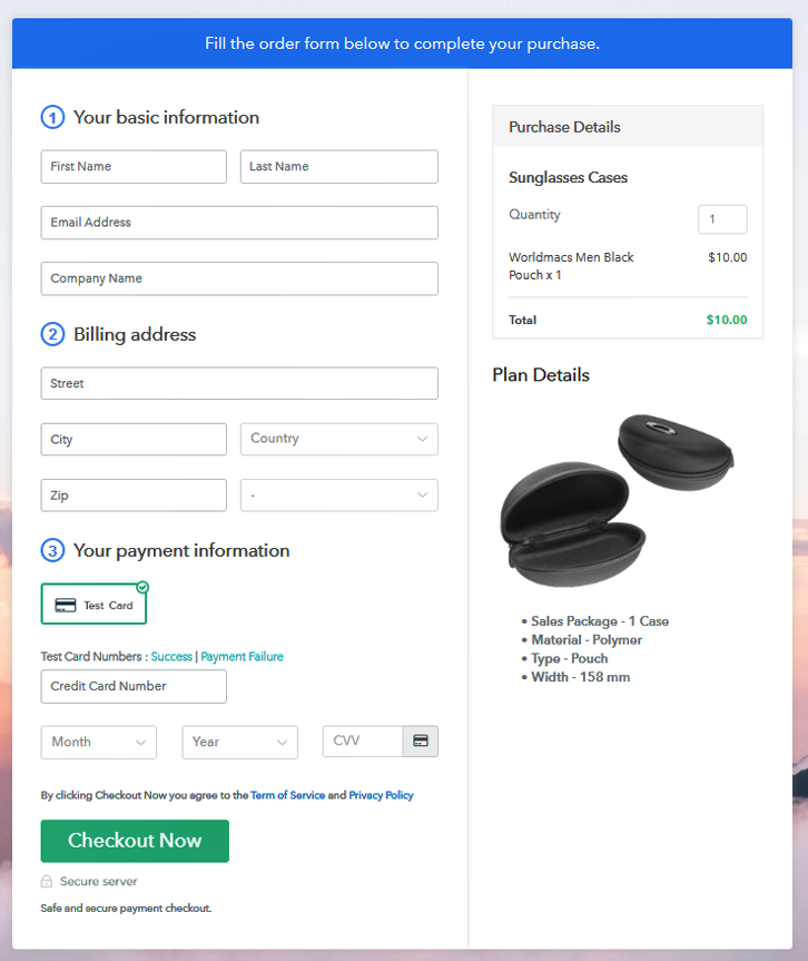 Final View of Checkout Page for your Sunglasses Cases Selling Business