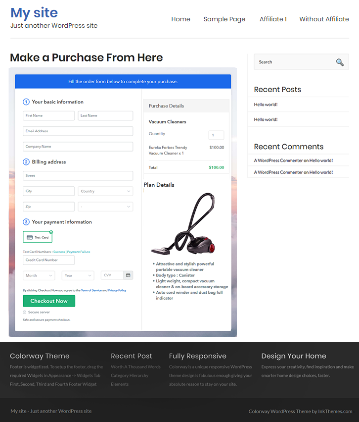 Final Look of your Checkout Page on WordPress Site to Sell Vacuum Cleaners Online