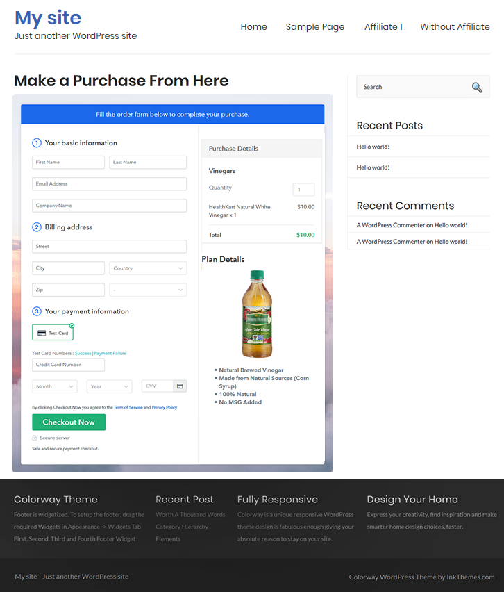 Final Look of your Checkout Page on WordPress Site to Sell Vinegars Online