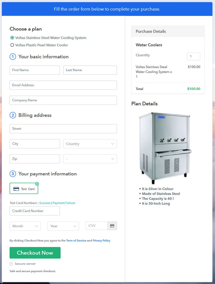 Multiplan Checkout Page to Start Water Coolers Business Online
