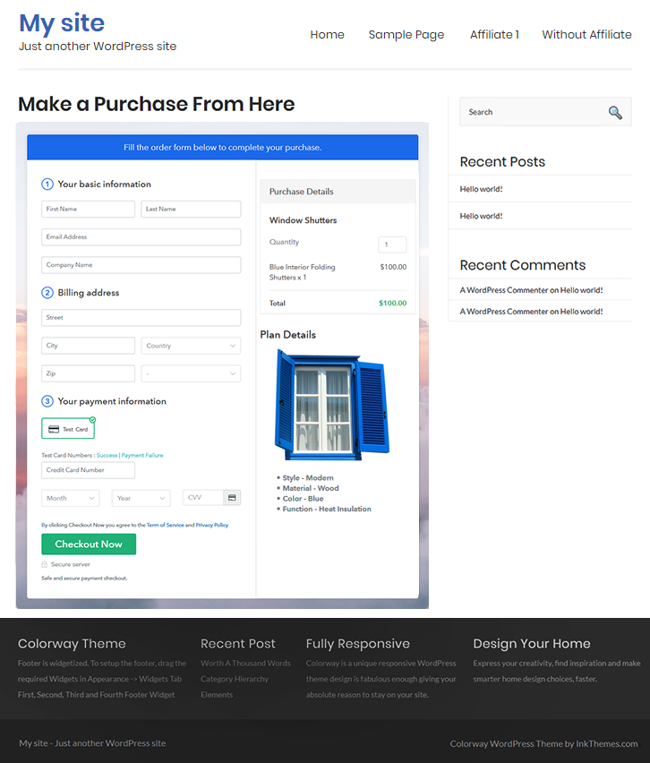 Embed Checkout Page in Site & Sell Window Shutters Online