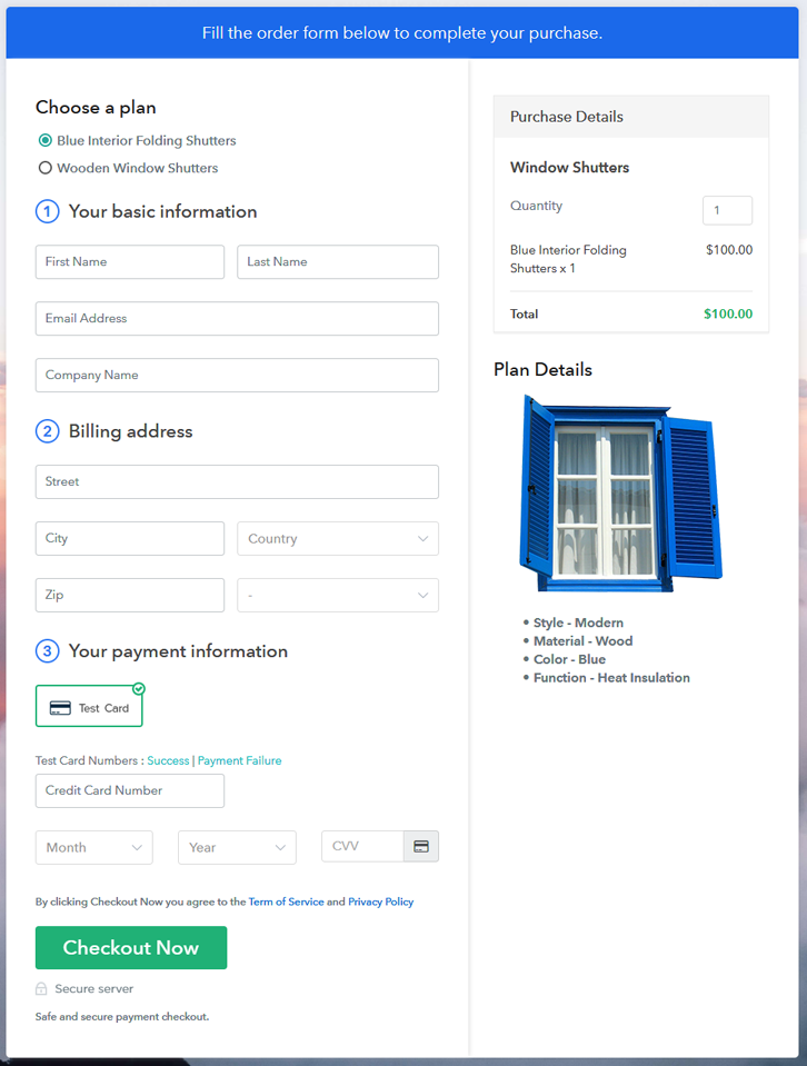 Multiplan Checkout Page to Start Window Shutters Business Online