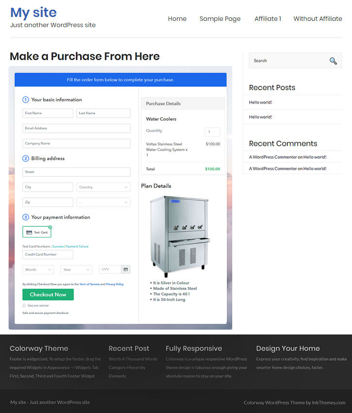 Embed Checkout Page in Site & Sell Water Coolers Online