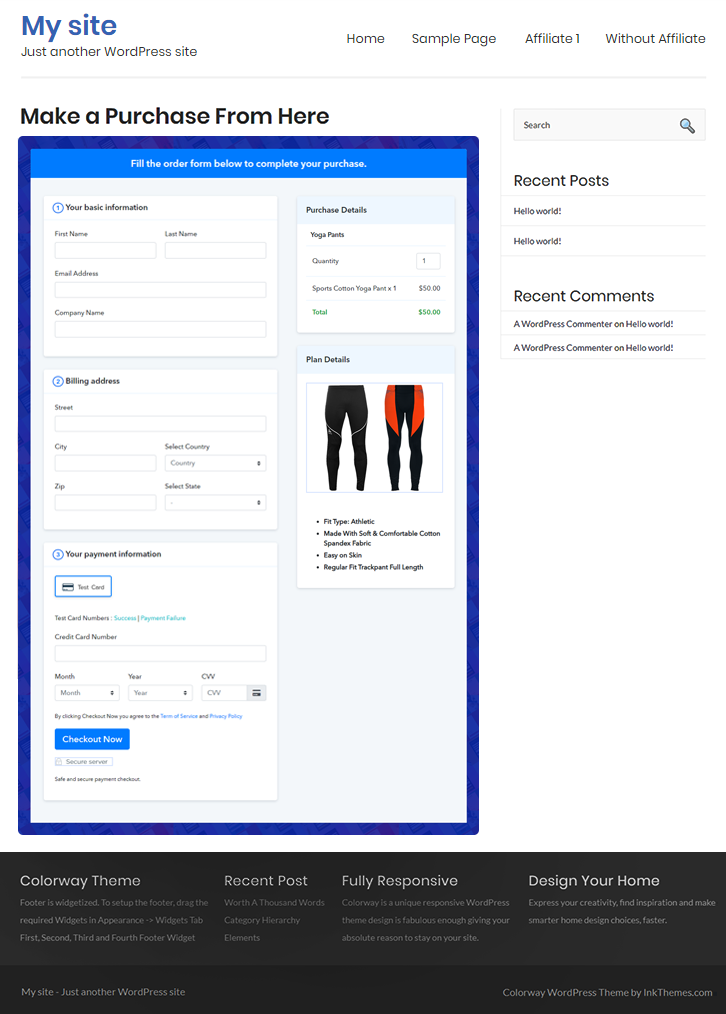 Embed Checkout Page in Site & Sell Yoga Pants Online