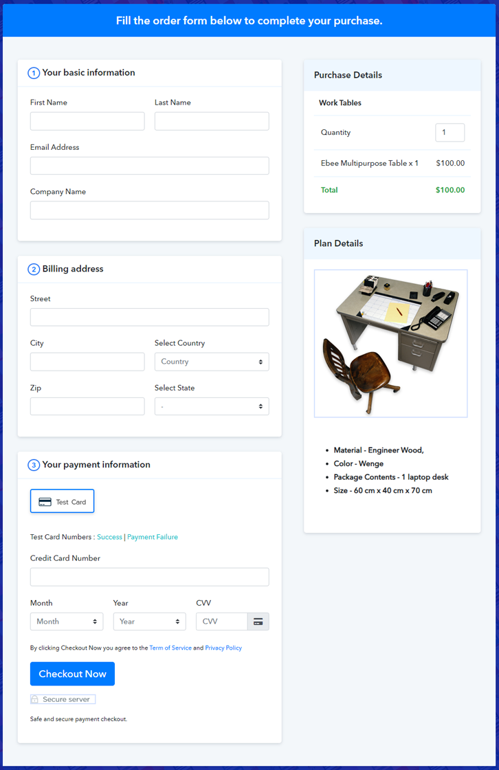 Final View of Checkout Page for Your Work Tables Selling Business
