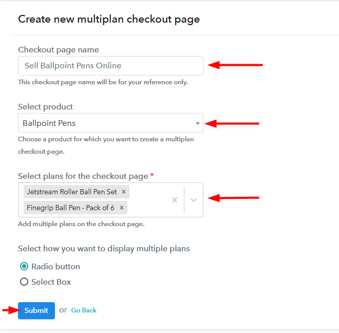 Create Multiplan Checkout Page - Start Selling Ball Pens