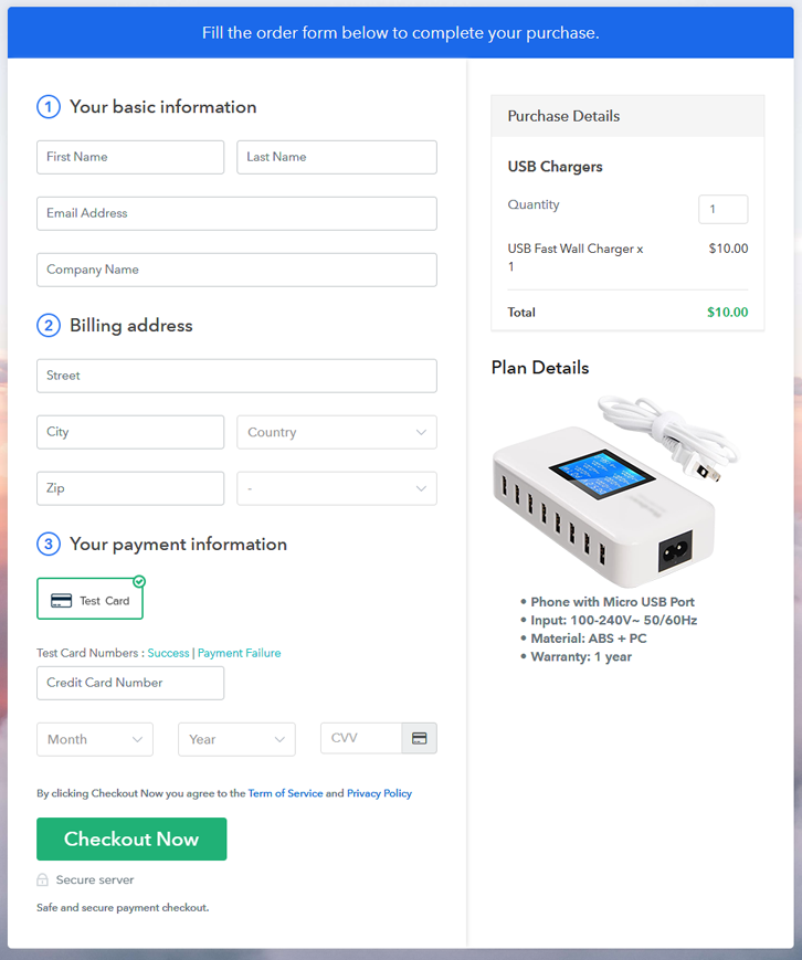 Preview Checkout Page - Sell USB Charger Online