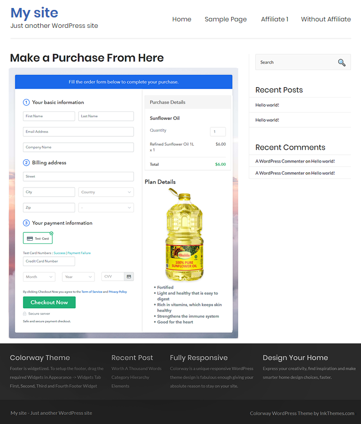 Preview Checkout Page on WordPress Site - Sell Sunflower Oil