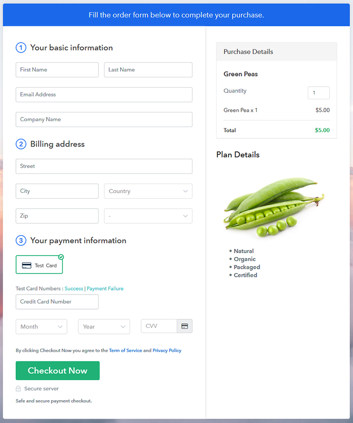 Checkout Page to Sell Green Peas Online