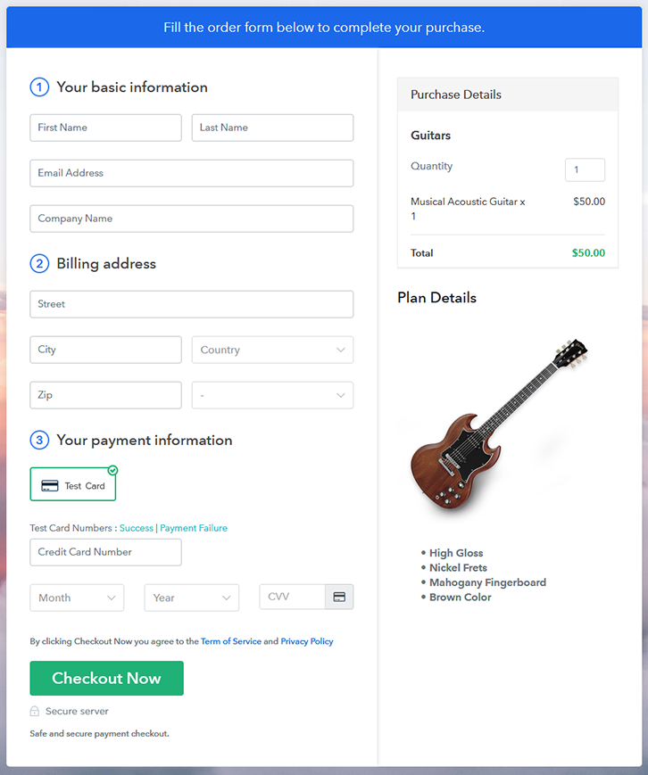 Checkout Page to Sell Guitars Online