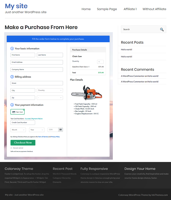 Checkout Page On Site to Sell Chain Saws Online
