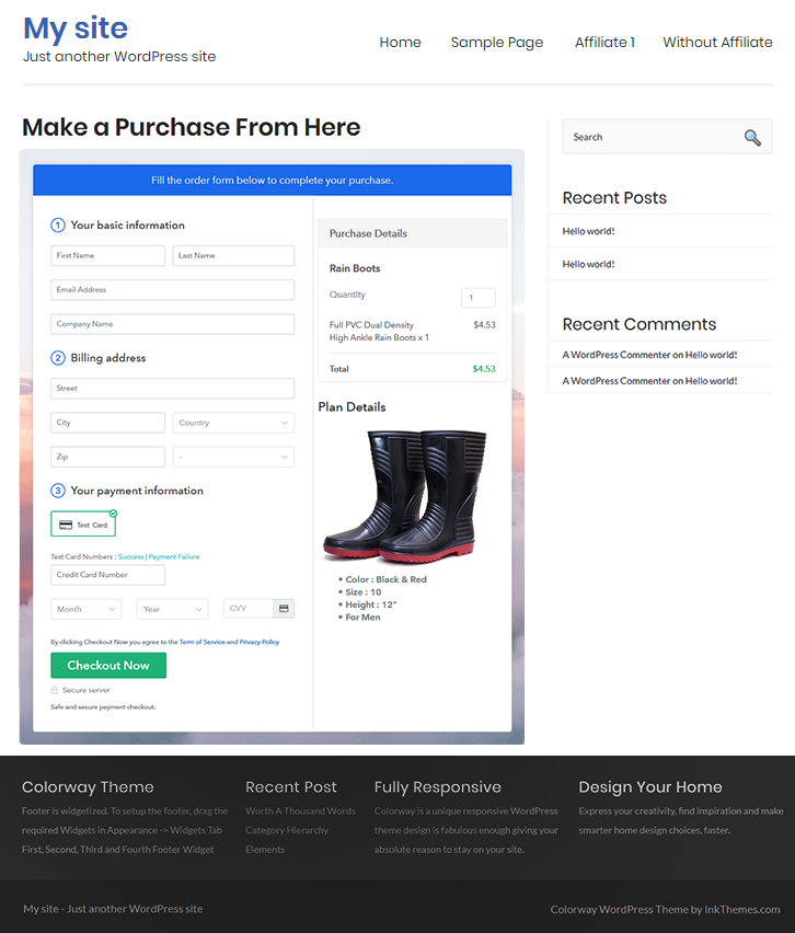 Checkout Page On WordPress Site to Sell Rain Boots Online