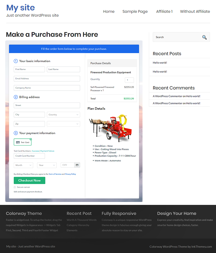 Checkout Page On WordPress Site to Sell Firewood Production Equipment Online