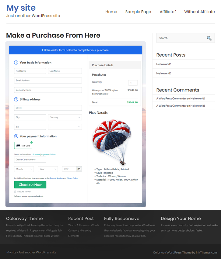 Checkout Page On WordPress Site to Sell Parachutes Online