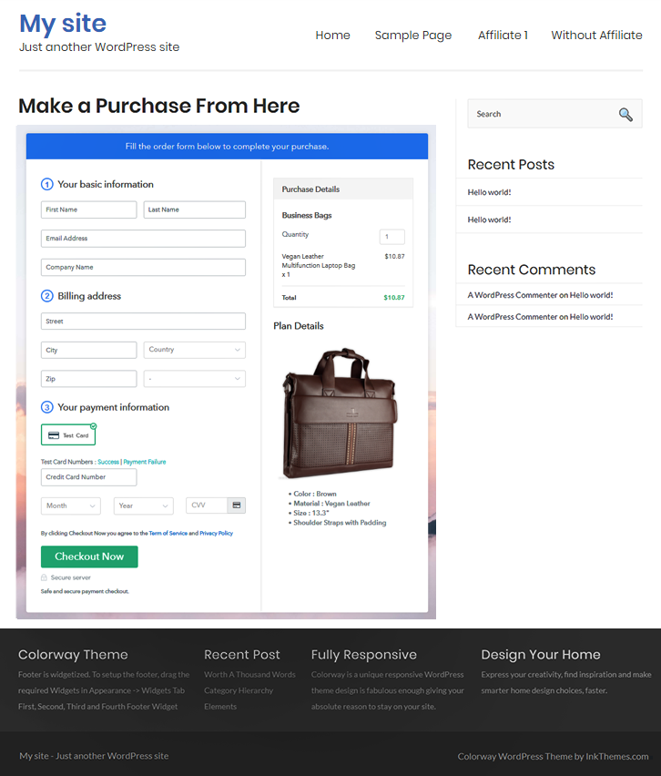 Checkout Page On WordPress Site to Sell Business Bags Online