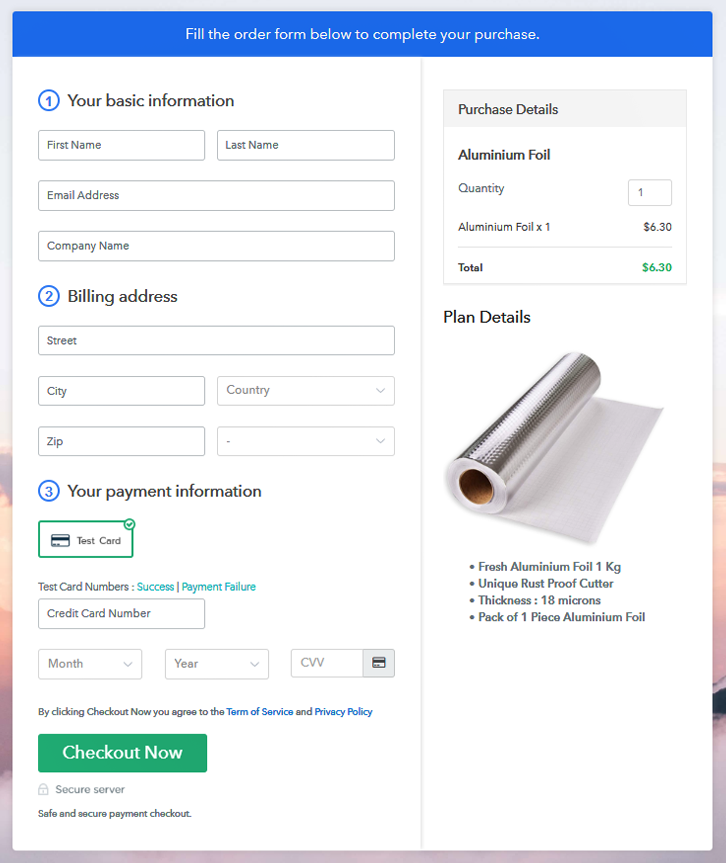 Checkout Page Preview to Sell Aluminium Foil Online
