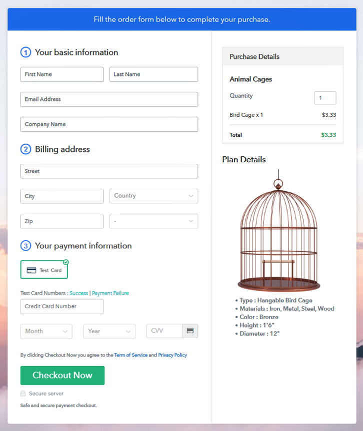 Checkout Page Preview to Sell Animal Cages Online