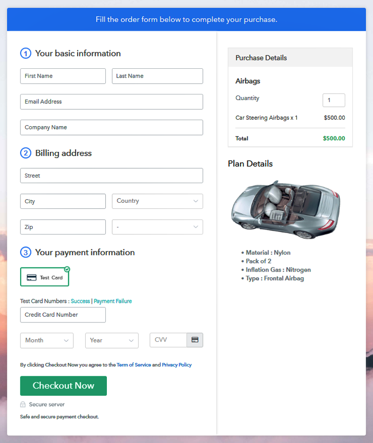 Checkout Page Preview to Sell Airbags Online