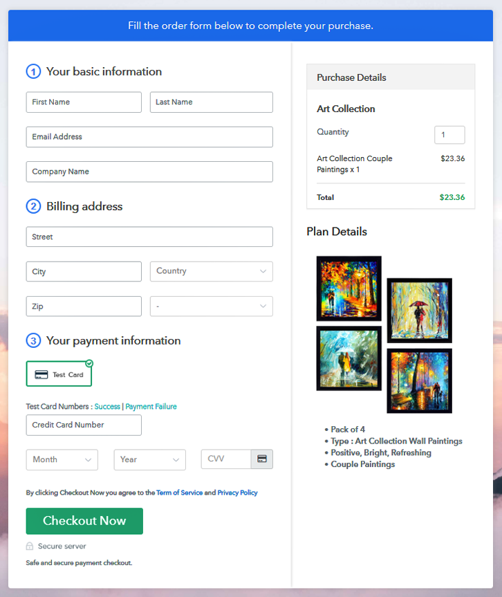Checkout Page Preview to Sell Art Collection Online