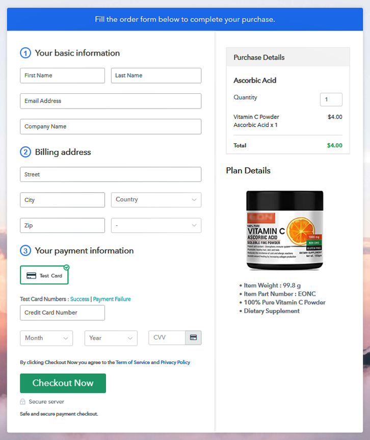 Checkout Page Preview to Sell Ascorbic Acid Online