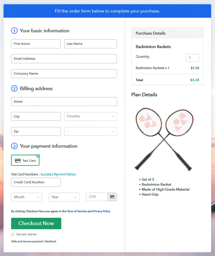 Checkout Page Preview to Sell Badminton Rackets Online
