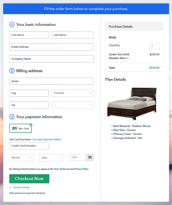 Checkout Page Preview to Sell Beds Online