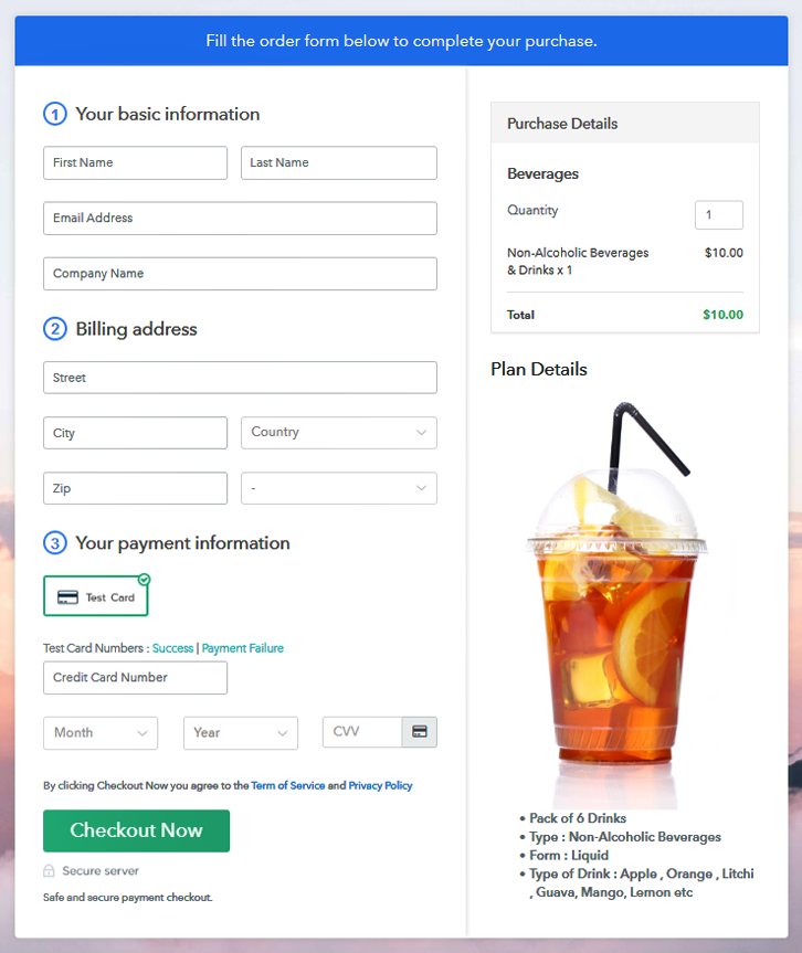 Checkout Page Preview to Sell Beverages Online