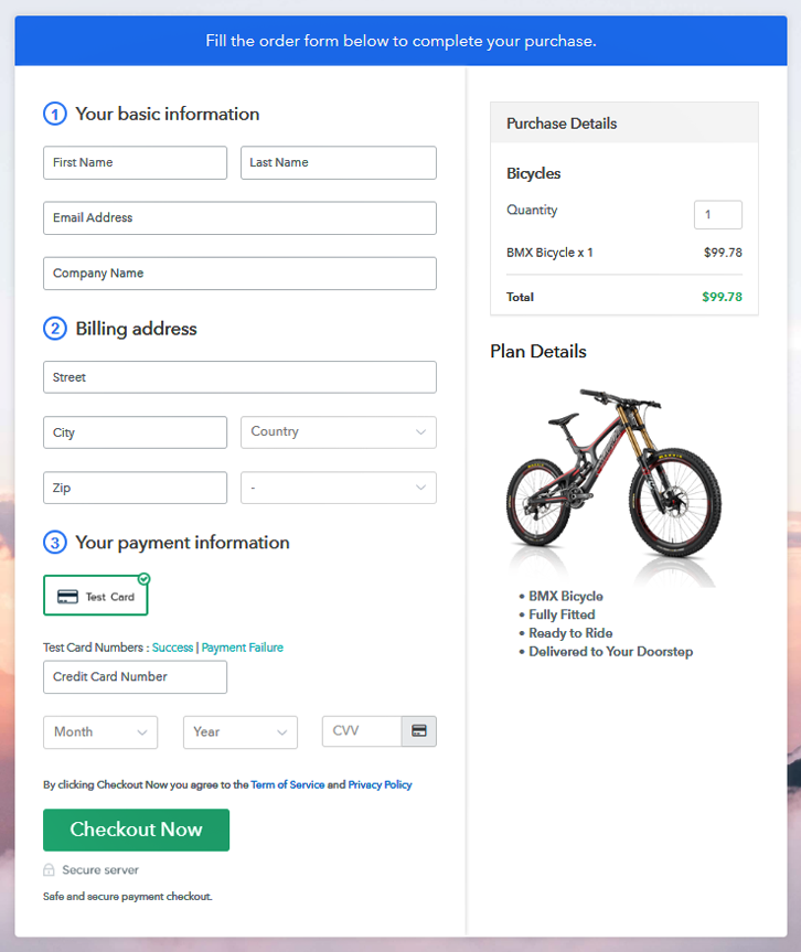 Checkout Page Preview to Sell Bicycles Online